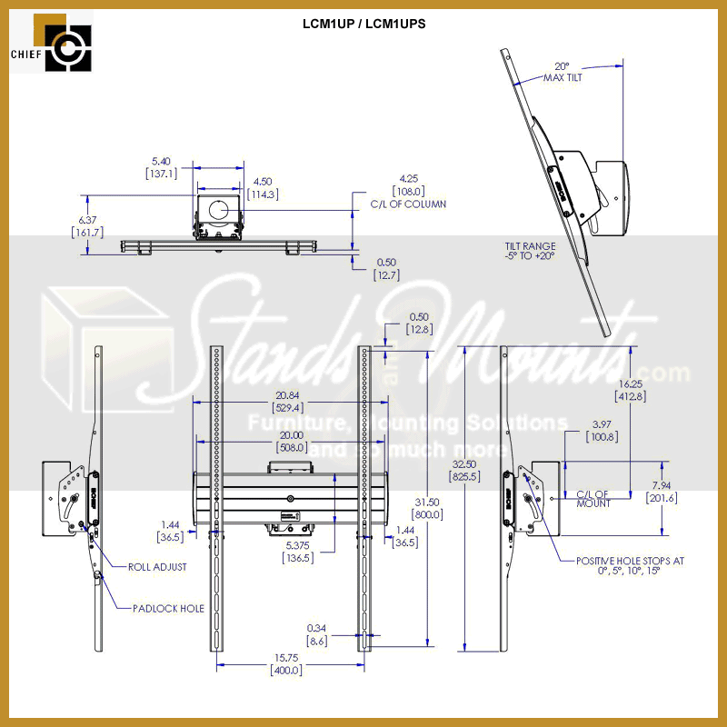 Chief FUSION Large Flat Panel Ceiling Mount LCM1UP, tilting wall mount technical dimensions