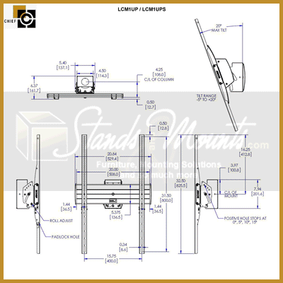 Chief FUSION Large Flat Panel Ceiling Mount LCM1UP, tilting wall mount technical dimensions