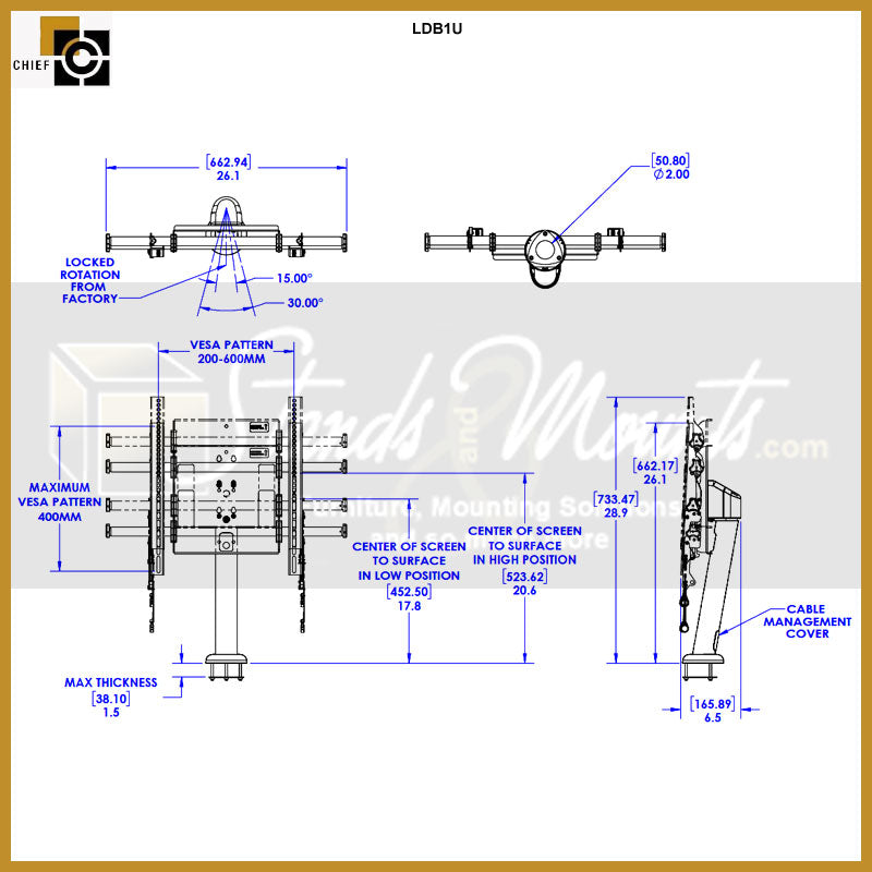 Chief Large Fusion Swivel Bolt Down Table Stand LDB1U, desktop monitor mount technical dimensions diagram