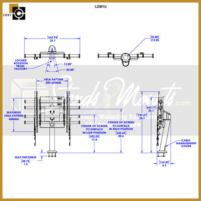 Chief Large Fusion Swivel Bolt Down Table Stand LDB1U, desktop monitor mount technical dimensions diagram