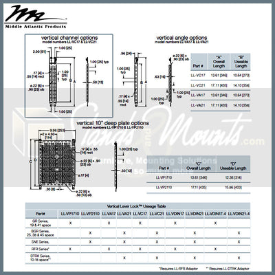 Middle Atlantic Lever Lock LL-VA17, equipment rack channel dimensions and options chart
