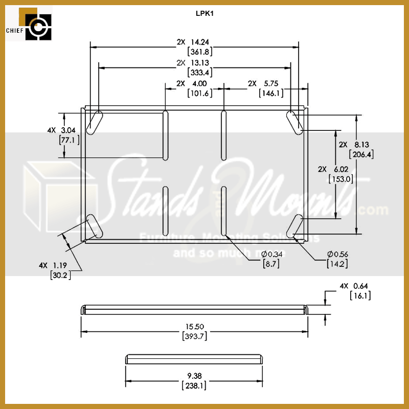 Chief Low Profile Mounting Kit for VCM Series Mounts, LPK1, lectern shelf dimensions diagram