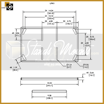 Chief Low Profile Mounting Kit for VCM Series Mounts, LPK1, lectern shelf dimensions diagram