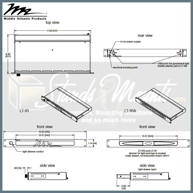 Middle Atlantic Retractable Rackmount Light Shelf LT-1RA, rack-mount light dimensions diagram