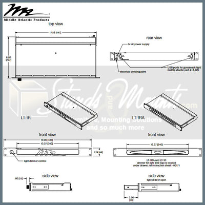 Middle Atlantic Retractable Rackmount Light Shelf LT-1RA, rack-mount light dimensions diagram