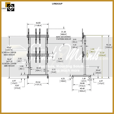 Chief FUSION 2x2 Micro Adjustable Portrait Video Wall Cart LVM2X2UP, video wall mount technical dimensions diagram