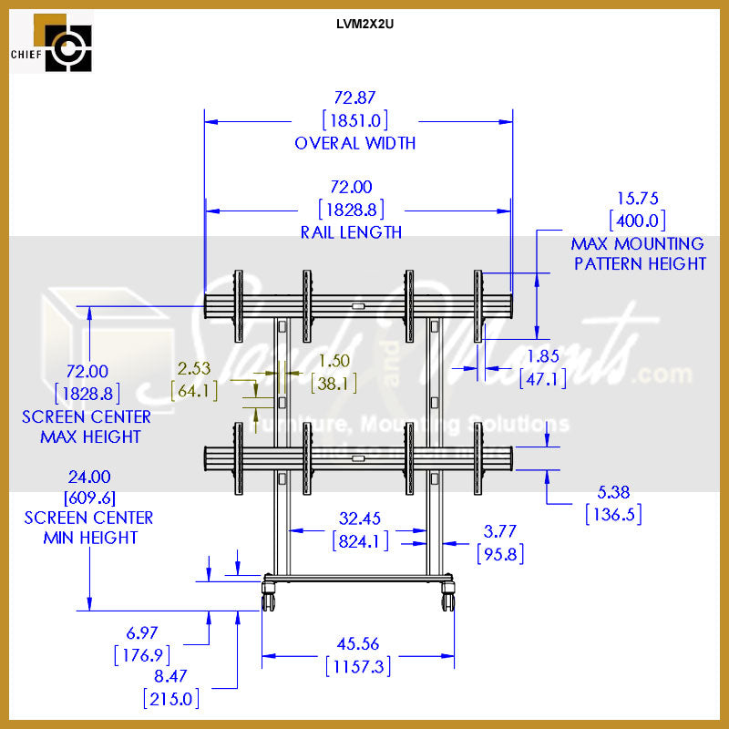 Chief FUSION 2x2 Micro Adjustable Video Wall Cart LVM2X2U, mobile video wall stand front dimensions diagram