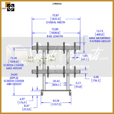 Chief FUSION 2x2 Micro Adjustable Video Wall Cart LVM2X2U, mobile video wall stand front dimensions diagram