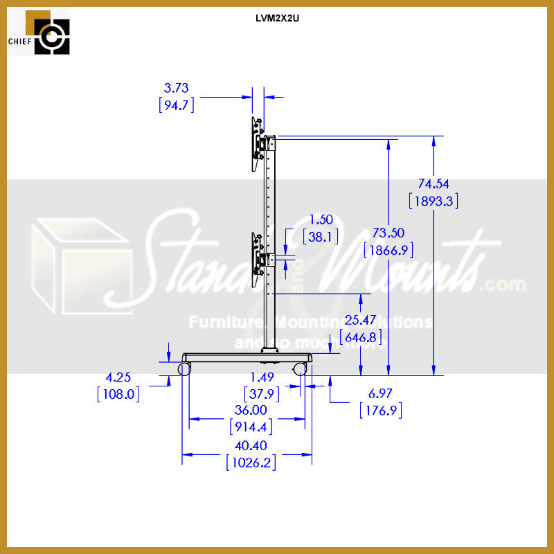 Chief FUSION 2x2 Micro Adjustable Video Wall Cart LVM2X2U, mobile video wall stand side dimensions diagram