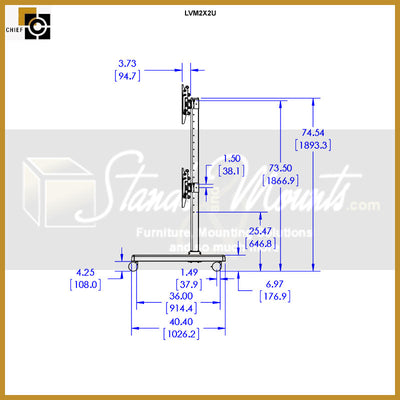 Chief FUSION 2x2 Micro Adjustable Video Wall Cart LVM2X2U, mobile video wall stand side dimensions diagram