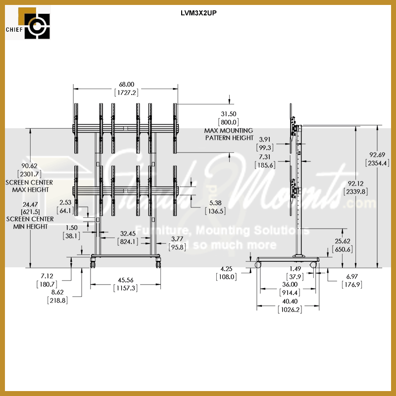 Chief FUSION 3x2 Micro Adjustable Portrait Video Wall Cart LVM3X2UP, video wall mount technical dimensions diagram