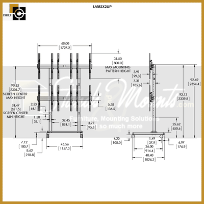 Chief FUSION 3x2 Micro Adjustable Portrait Video Wall Cart LVM3X2UP, video wall mount technical dimensions diagram