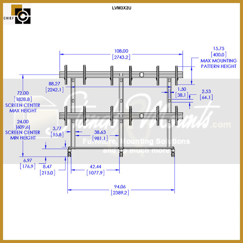 Chief FUSION 3x2 Micro Adjustable Large Video Wall Cart LVM3X2U, mobile video wall cart front dimensions diagram