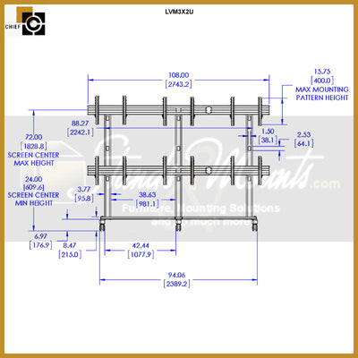 Chief FUSION 3x2 Micro Adjustable Large Video Wall Cart LVM3X2U, mobile video wall cart front dimensions diagram