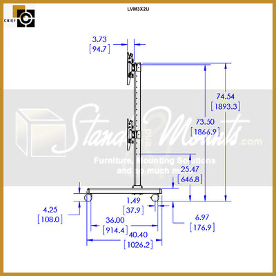 Chief FUSION 3x2 Micro Adjustable Large Video Wall Cart LVM3X2U, mobile video wall cart side dimensions diagram
