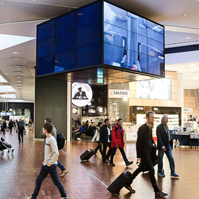 Chief ConnexSys Video Wall Mount LVS1U-G, ceiling-mounted video wall installed airport view