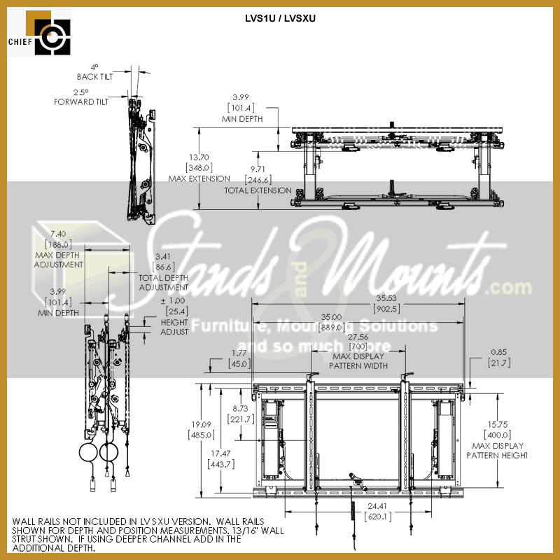 Chief ConnexSys Video Wall Mount LVS1U-G, video wall mount dimensions diagram