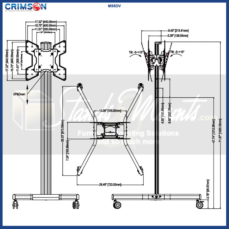 Crimson Large Mobile TV Cart M55DV, mobile display floor stand dimensions diagram
