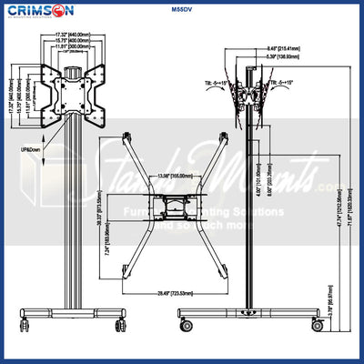 Crimson Large Mobile TV Cart M55DV, mobile display floor stand dimensions diagram