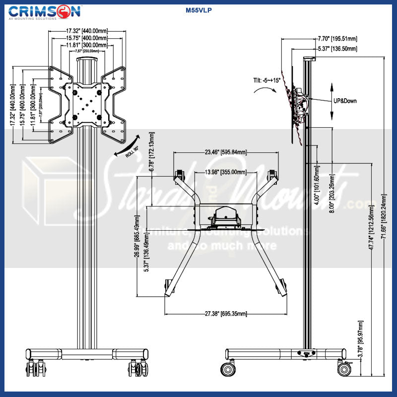 Crimson Large Mobile TV Cart M55VLP, mobile display stand technical dimensions diagram