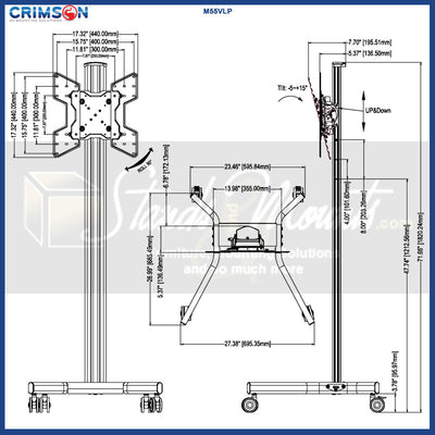 Crimson Large Mobile TV Cart M55VLP, mobile display stand technical dimensions diagram