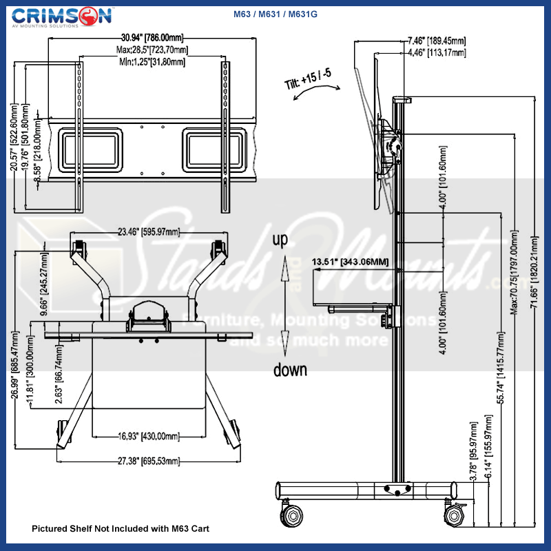 Crimson Large Adjustable Height TV Cart M631G, mobile display stand dimensions diagram