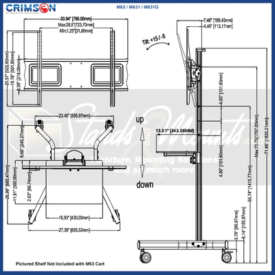 Crimson Large Adjustable Height TV Cart M631G, mobile display stand dimensions diagram