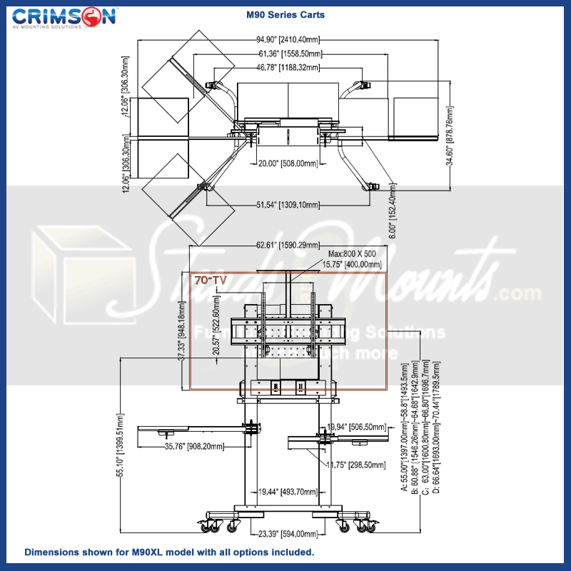 Crimson Extra Large Heavy Duty TV Cart M90XL, mobile AV cart work surface dimensions diagram