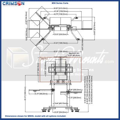 Crimson Extra Large Heavy Duty TV Cart M90XL, mobile AV cart work surface dimensions diagram