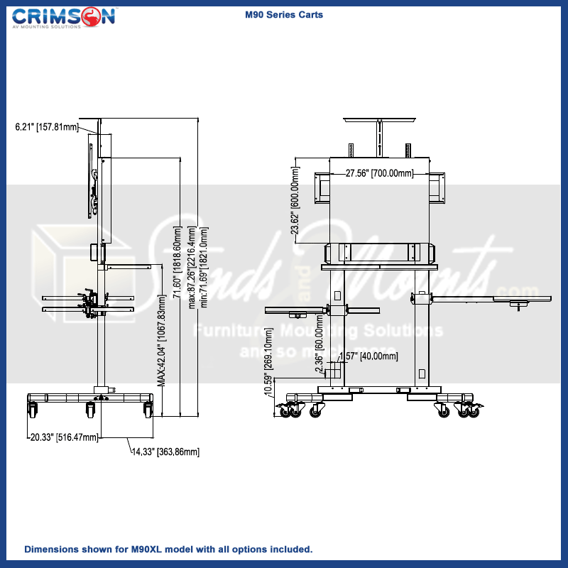Crimson Extra Large Heavy Duty TV Cart M90XL, mobile AV cart dimensions diagram