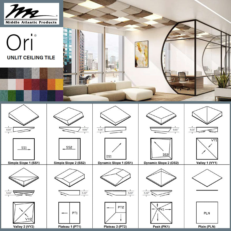 Middle Atlantic Ori 2x2 Acoustic Ceiling Tile AUO22DS1G2SLG, acoustic ceiling tile shape and color chart