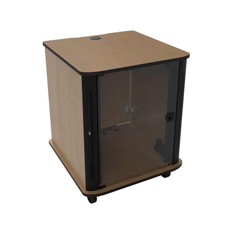 Middle Atlantic Mobile Rack RFR-1628E1, wood equipment rack cabinet angled view