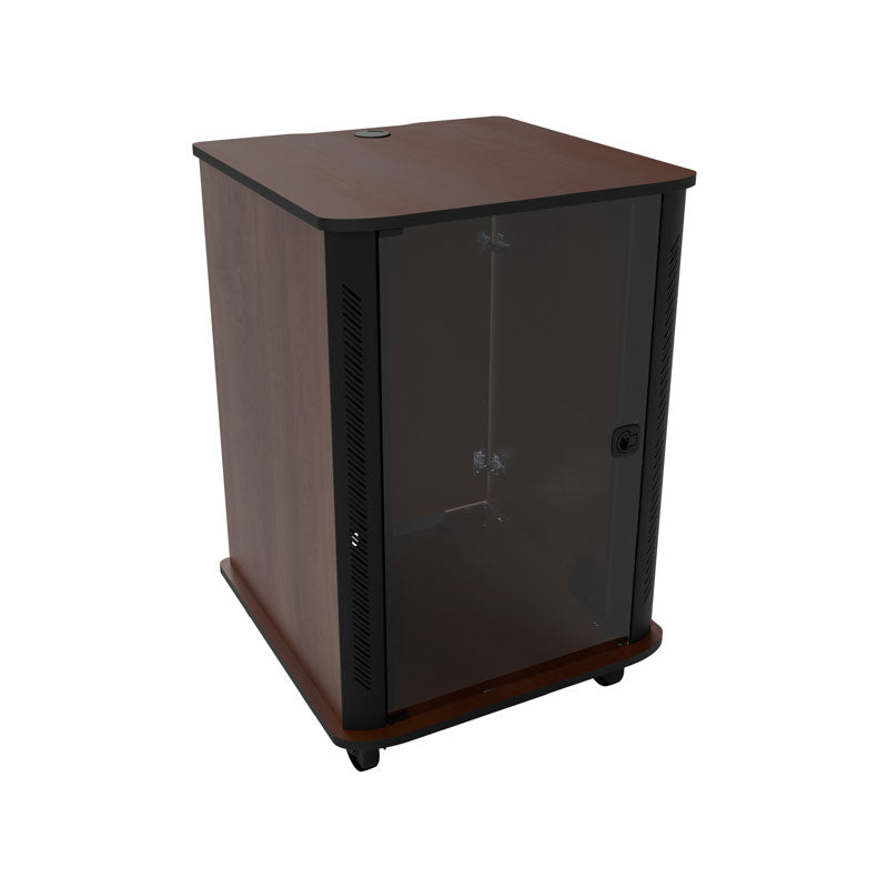 Middle Atlantic Mobile Rack RFR-2028E0, black equipment cabinet with wood base angled view