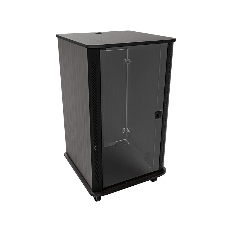 Middle Atlantic Mobile Rack RFR-2428A3, black equipment rack cabinet in a front three-quarter view