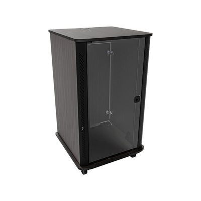 Middle Atlantic Mobile Rack RFR-2428A3, black equipment rack cabinet in a front three-quarter view