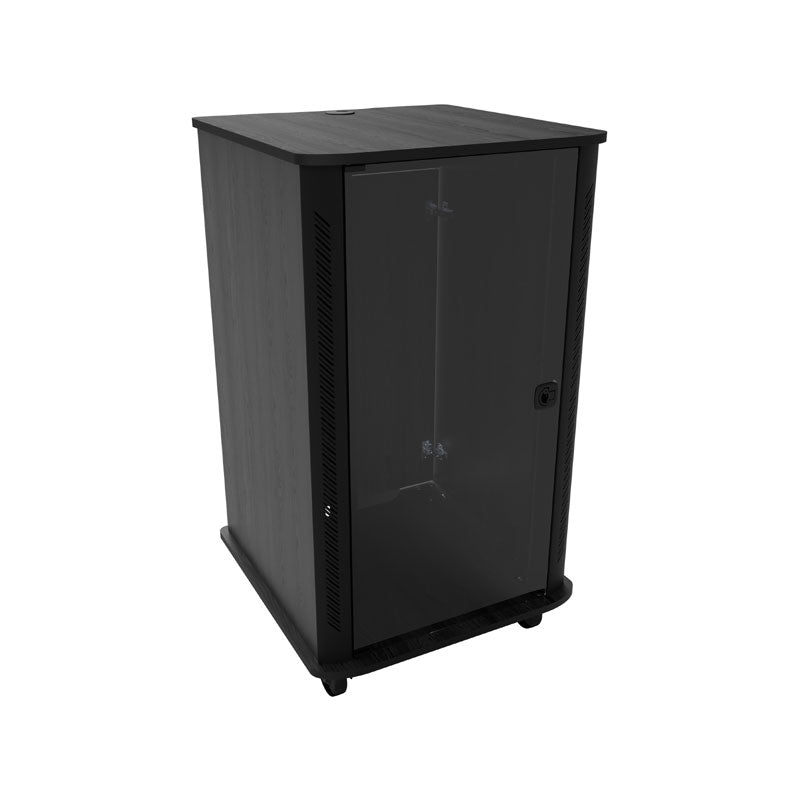 Middle Atlantic Mobile Rack RFR-2428GE, black equipment cabinet angled view