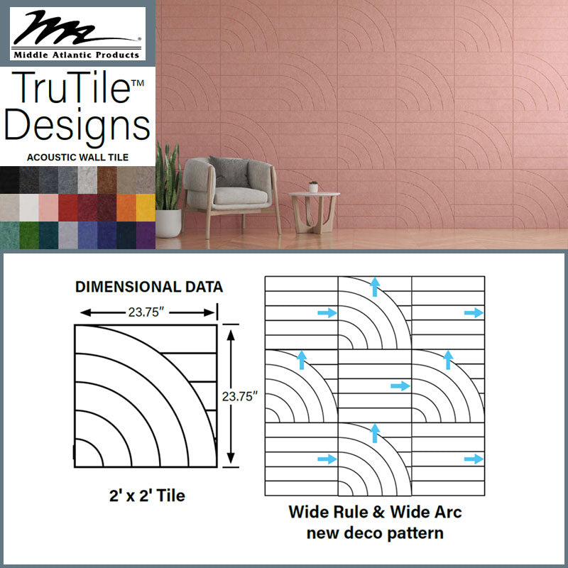 Middle Atlantic TruTile 2x2 Acoustic Wall Panel AUTT22SQDACSMCWH, acoustic wall tile dimensions and pattern diagram