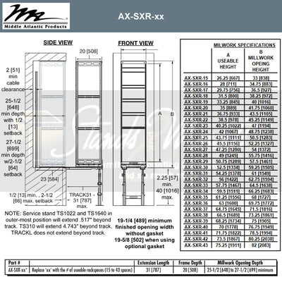 Middle Atlantic In-Wall Slide Out Rotating Rack AX-SXR-18, equipment rack cabinet dimensions and model chart