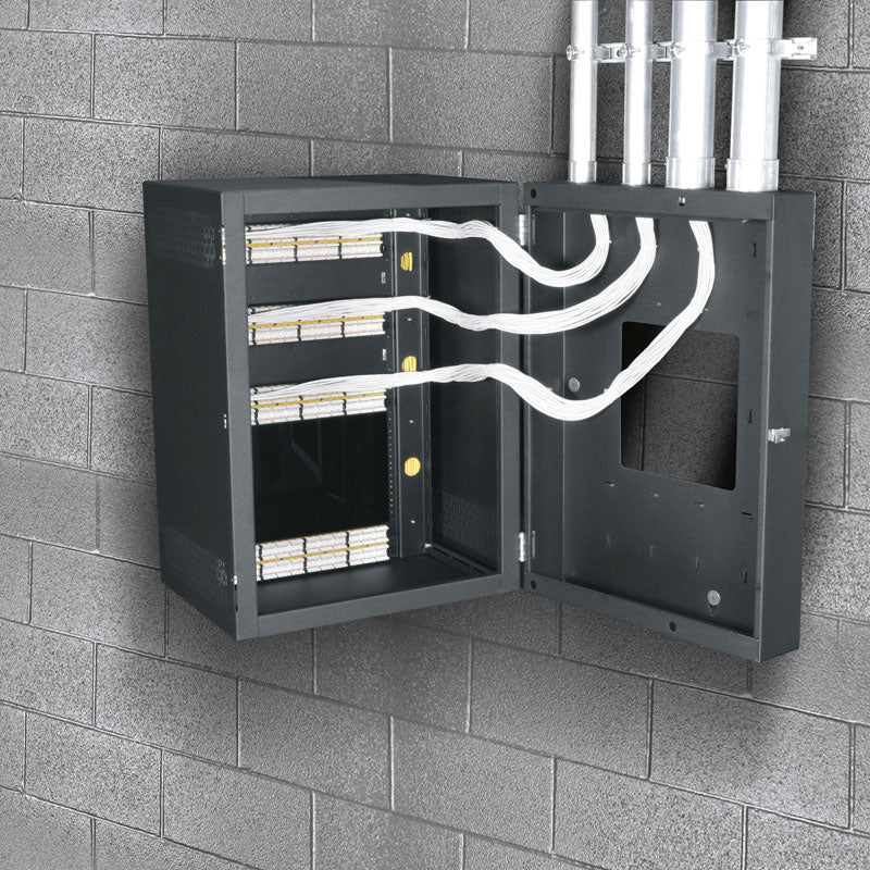 Middle Atlantic Data Swing Wall Rack CWR-12-17VD, wall-mounted network cabinet with open door and installed cabling