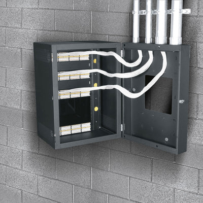 Middle Atlantic Data Swing Wall Rack CWR-12-17VD, wall-mounted network cabinet with open door and installed cabling