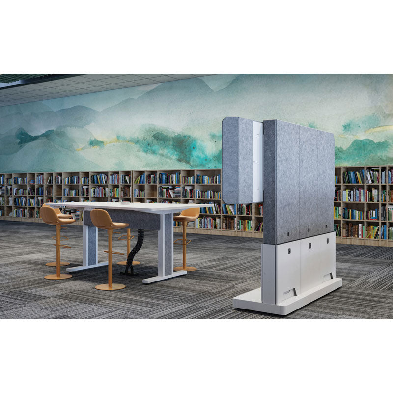 Middle Atlantic Forum Display Stand FM-DS-4875FS-BA3B, freestanding acoustic privacy divider installed library view