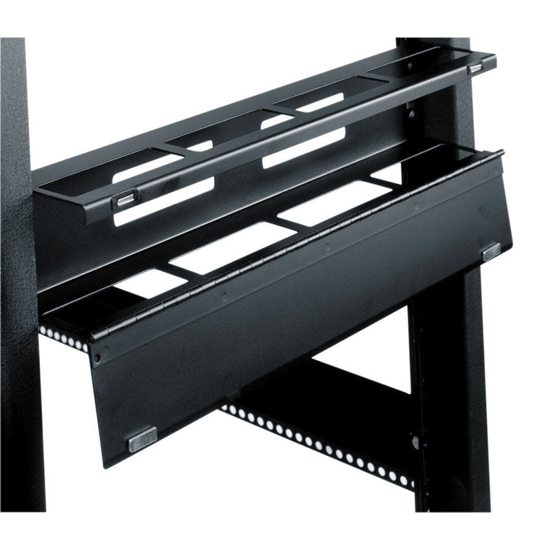 Middle Atlantic Hinged Horizontal Cable Manager HHCM-2, rack-mounted sliding equipment shelf in an open position