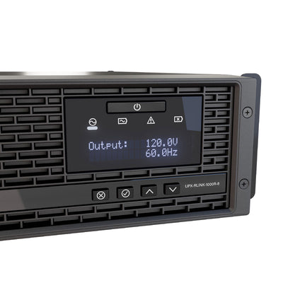 Middle Atlantic NEXSYS UPS Backup Power UPX-RLNK-1000R-8, uninterruptible power supply front display close-up