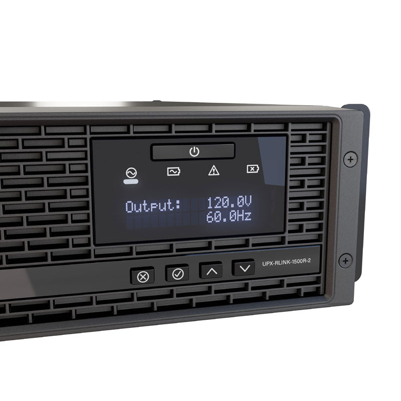 Middle Atlantic NEXSYS UPS Backup Power UPX-RLNK-1500R-2, rackmount UPS control display detail