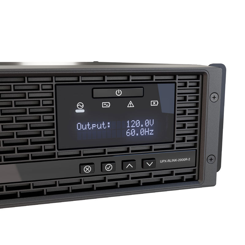 Middle Atlantic NEXSYS UPS Backup Power UPX-RLNK-2000R-2, rackmount UPS control display close-up