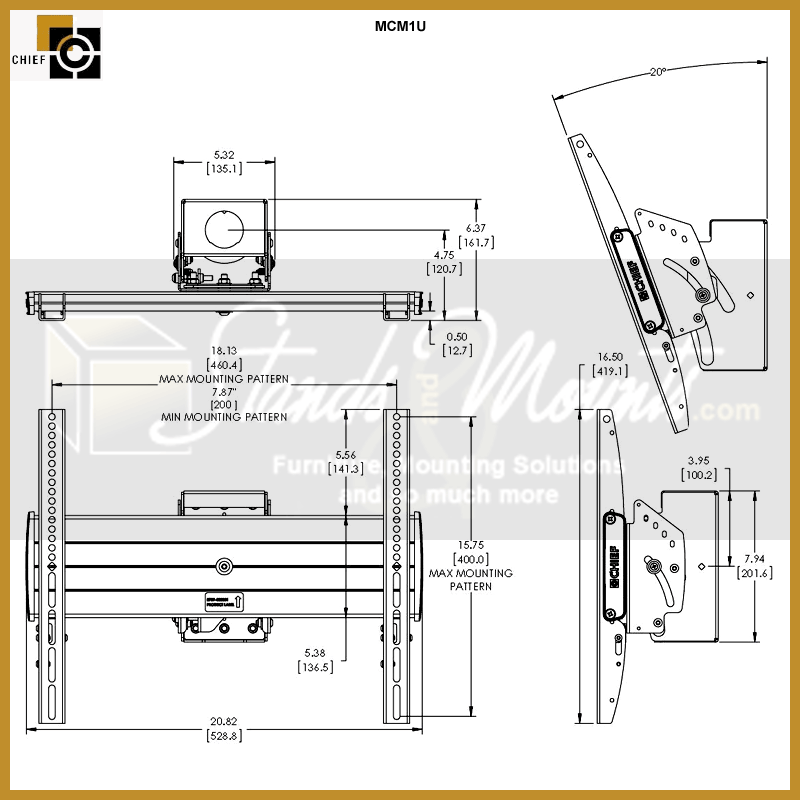 Chief FUSION Medium Stacked Ceiling Mount MCM1X2U, articulating display mount technical dimensions and extension range
