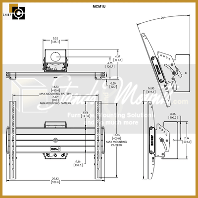 Chief FUSION Medium Stacked Ceiling Mount MCM1X2U, articulating display mount technical dimensions and extension range