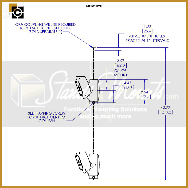 Chief FUSION Medium Stacked Ceiling Mount MCM1X2U, dual-pole mount technical dimensions