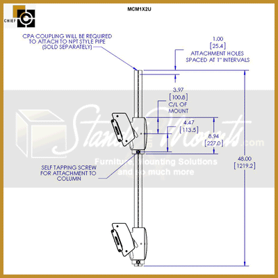 Chief FUSION Medium Stacked Ceiling Mount MCM1X2U, dual-pole mount technical dimensions