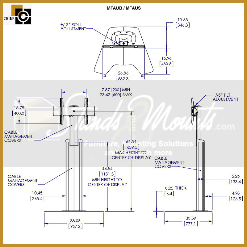 Chief FUSION Medium Manual Height Adjust Floor Stand MFAUS, mobile display stand technical dimensions diagram